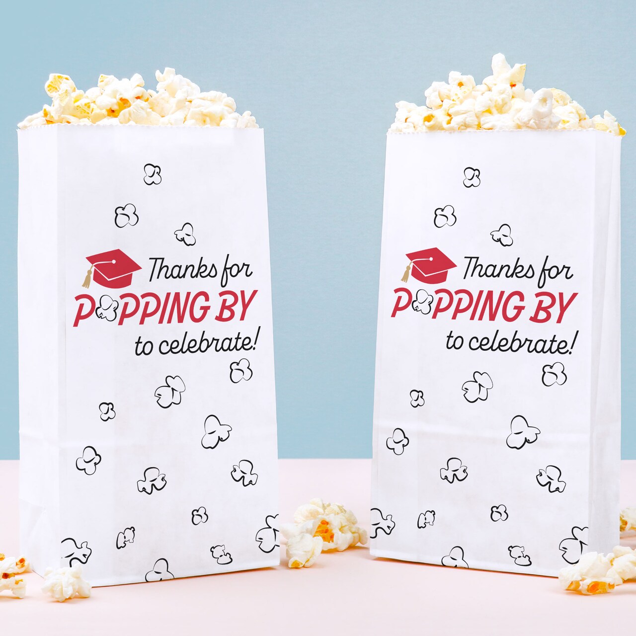 Big Dot of Happiness Red Grad Thanks for Popping by Popcorn Bags, Red Graduation Favor Snack Treats, Free-Standing Individual White Paper Bags - 25 Ct